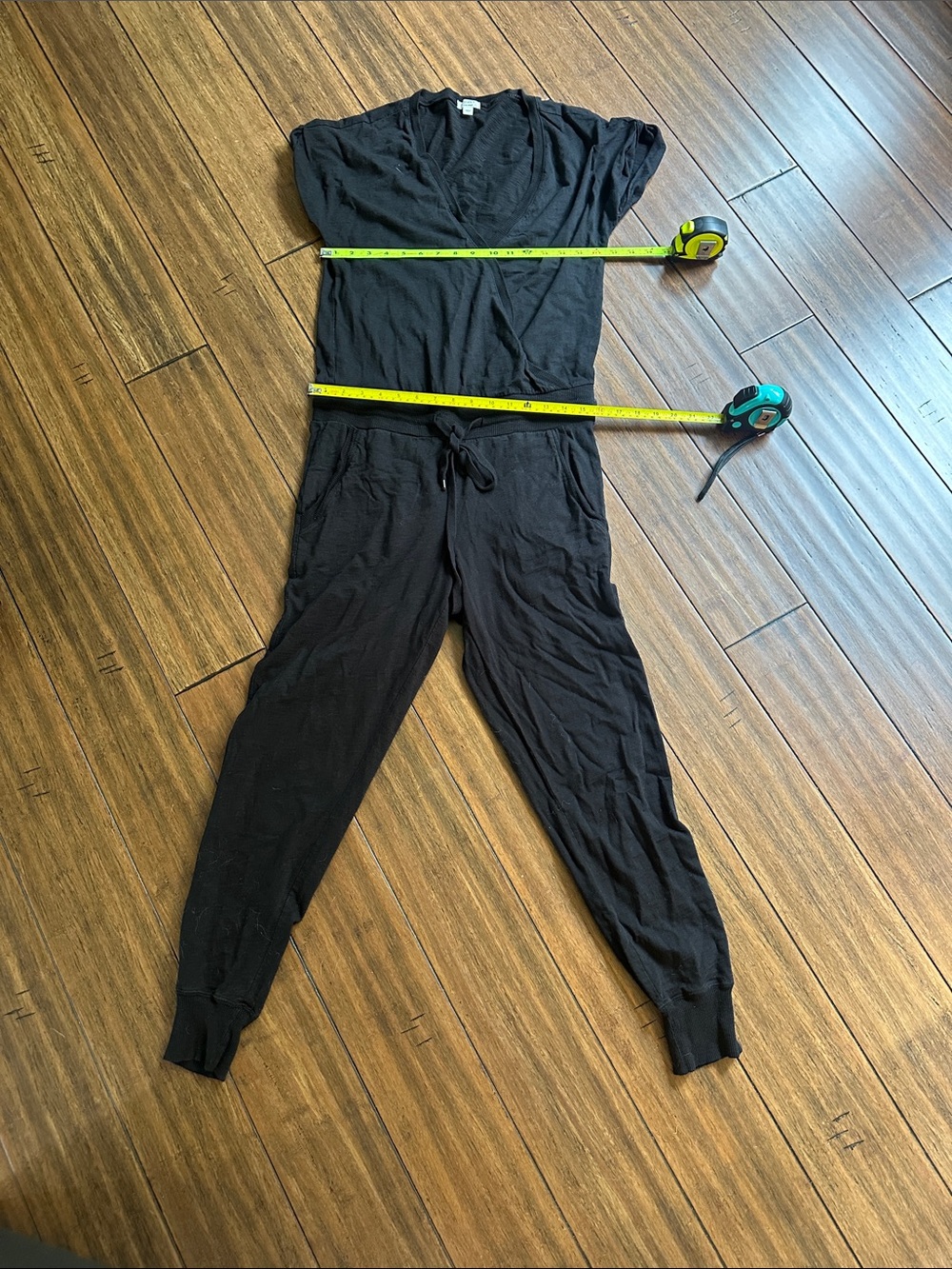 dylan Black Short-Sleeve V-Neck Jumpsuit with Drawstring Waist